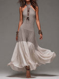 Vintage Boho Crinkle Cotton Halter Cross-Neck Maxi Dress