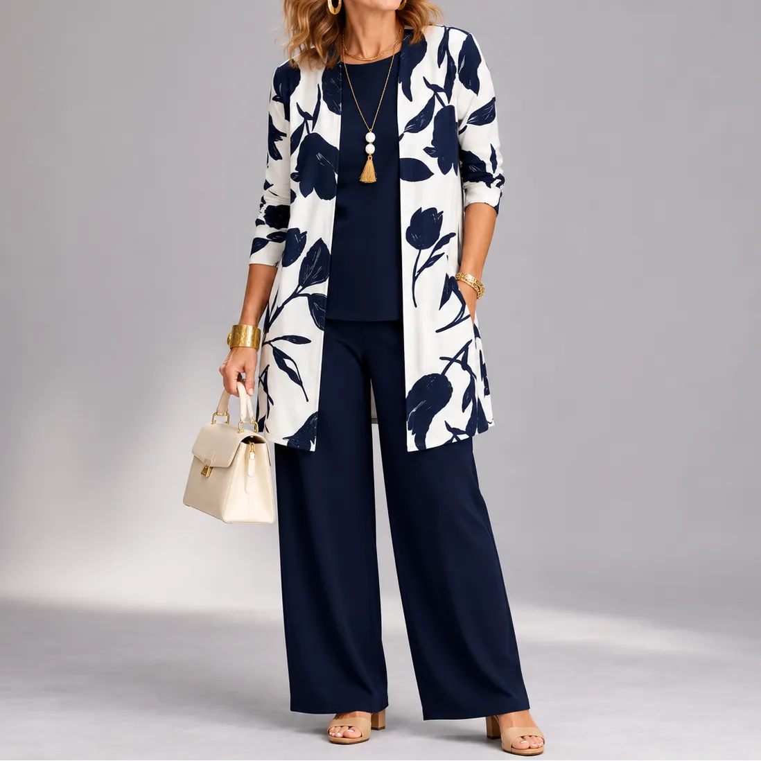 Evania – Women's Navy Botanical 3 Piece Outfit Set with Longline Cardigan