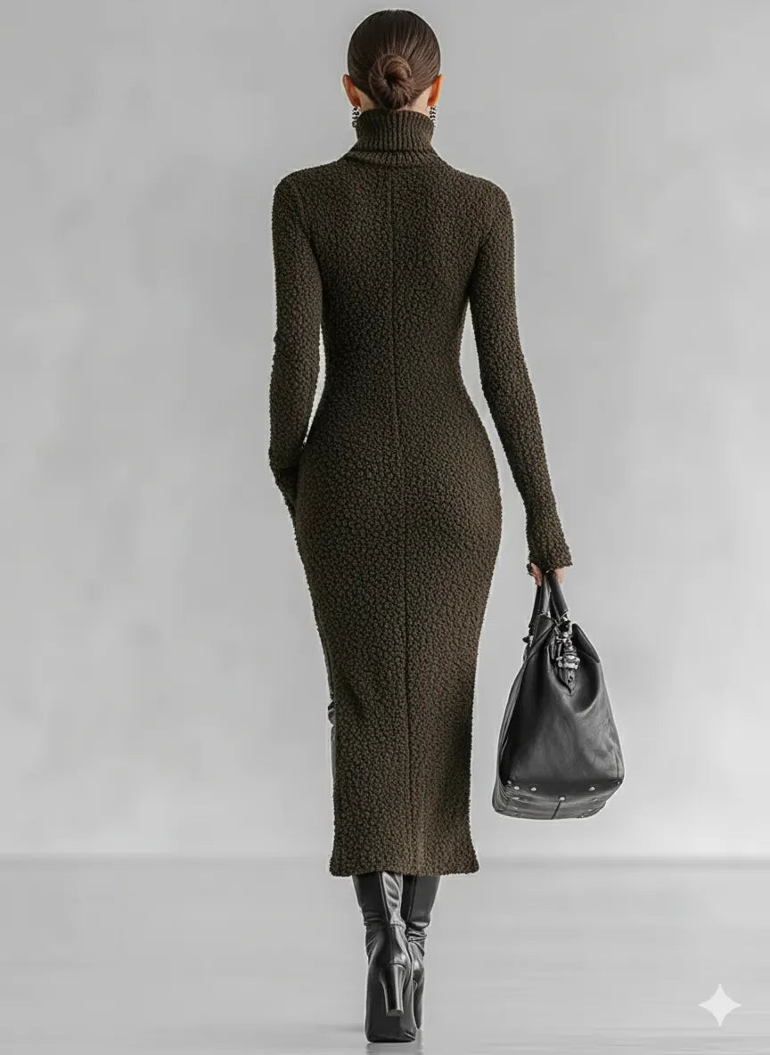 Women's Slim Fit Plush Knitted High Neck Side Slit Midi Dress MDA1401J4Y