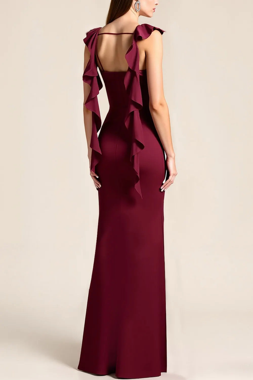Formal Wedding Bridesmaid Dress Burgundy Cowl Neck Satin Maxi Dress with Ruffle