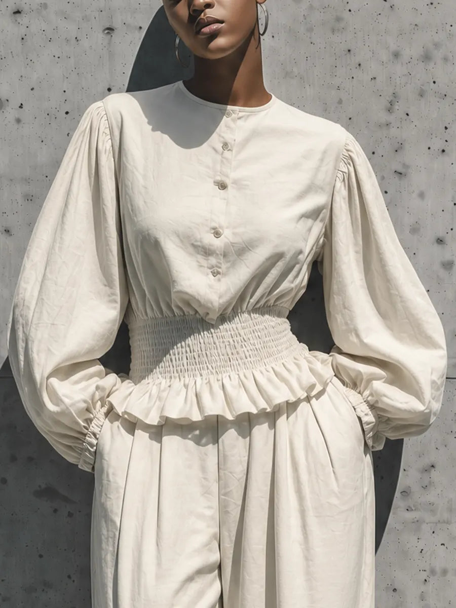 Women's Off White Cotton-linen blend Round Neck Half Button Balloon Sleeve Smocked Ruffle Waist Pleated Wide Leg Pant Two Piece Set MDZ1761G3YZJ