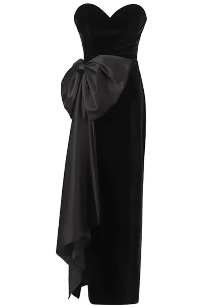 Strapless Bow Detail Maxi Velvet Dress Black