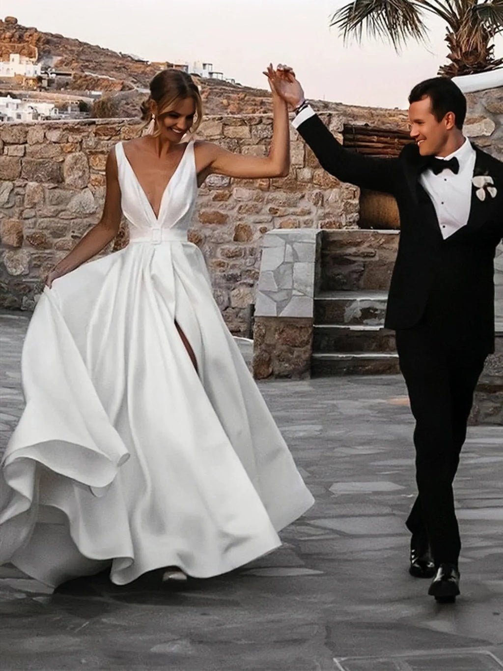 A Line Belt V Neck Satin Wedding Dress With Slit