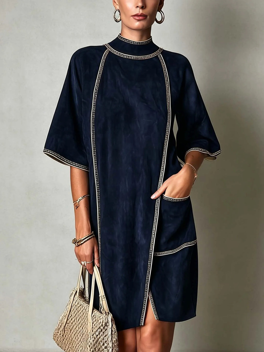 Navy Faux Suede Midi Dress With Vintage Trim Detail