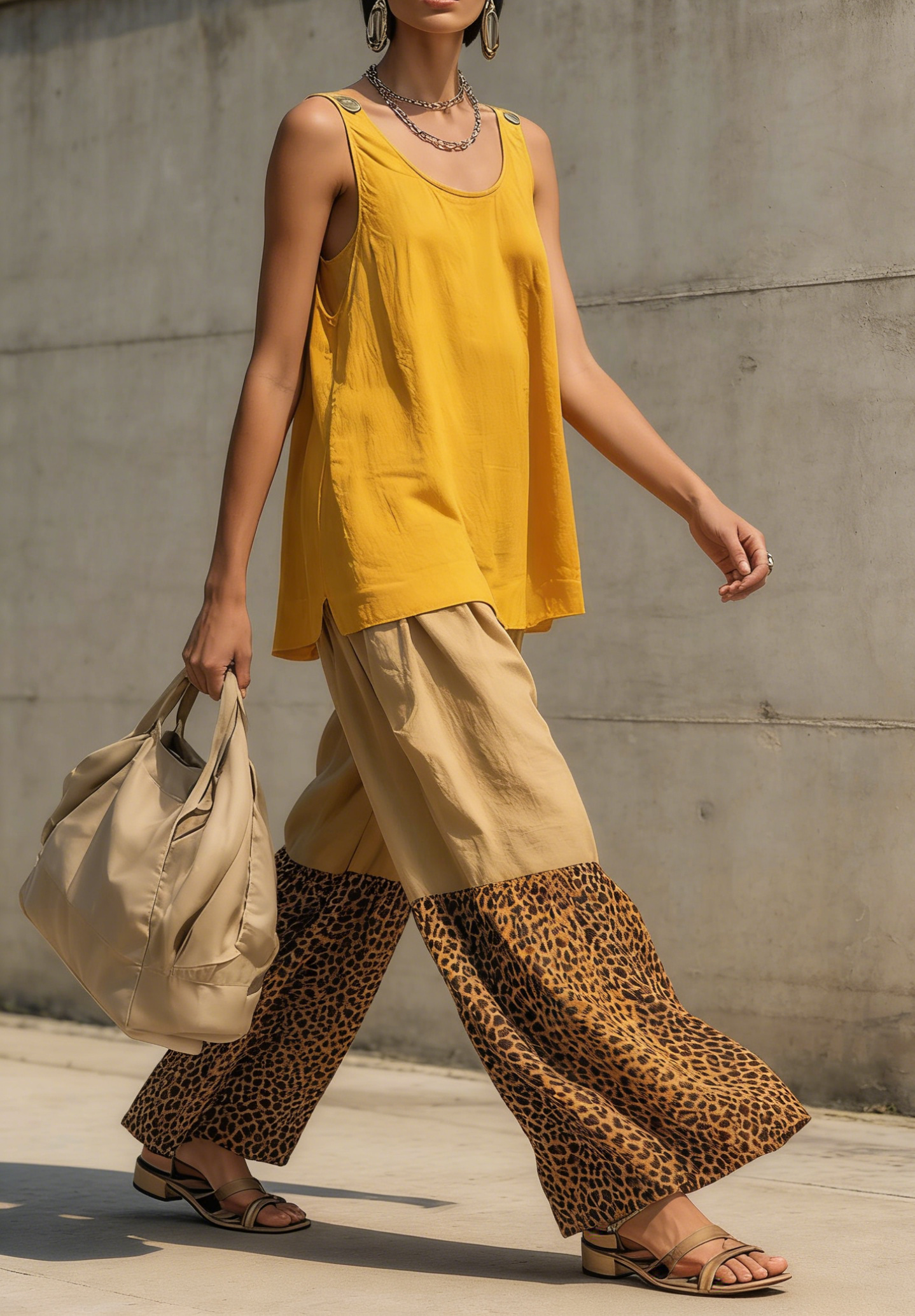 Casual Leopard Print Color-block Loose Cotton Two-piece Set
