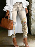 Women's Fashion Ombré Floral Leopard Print Artistic Print Casual Skinny Ripped Jeans
