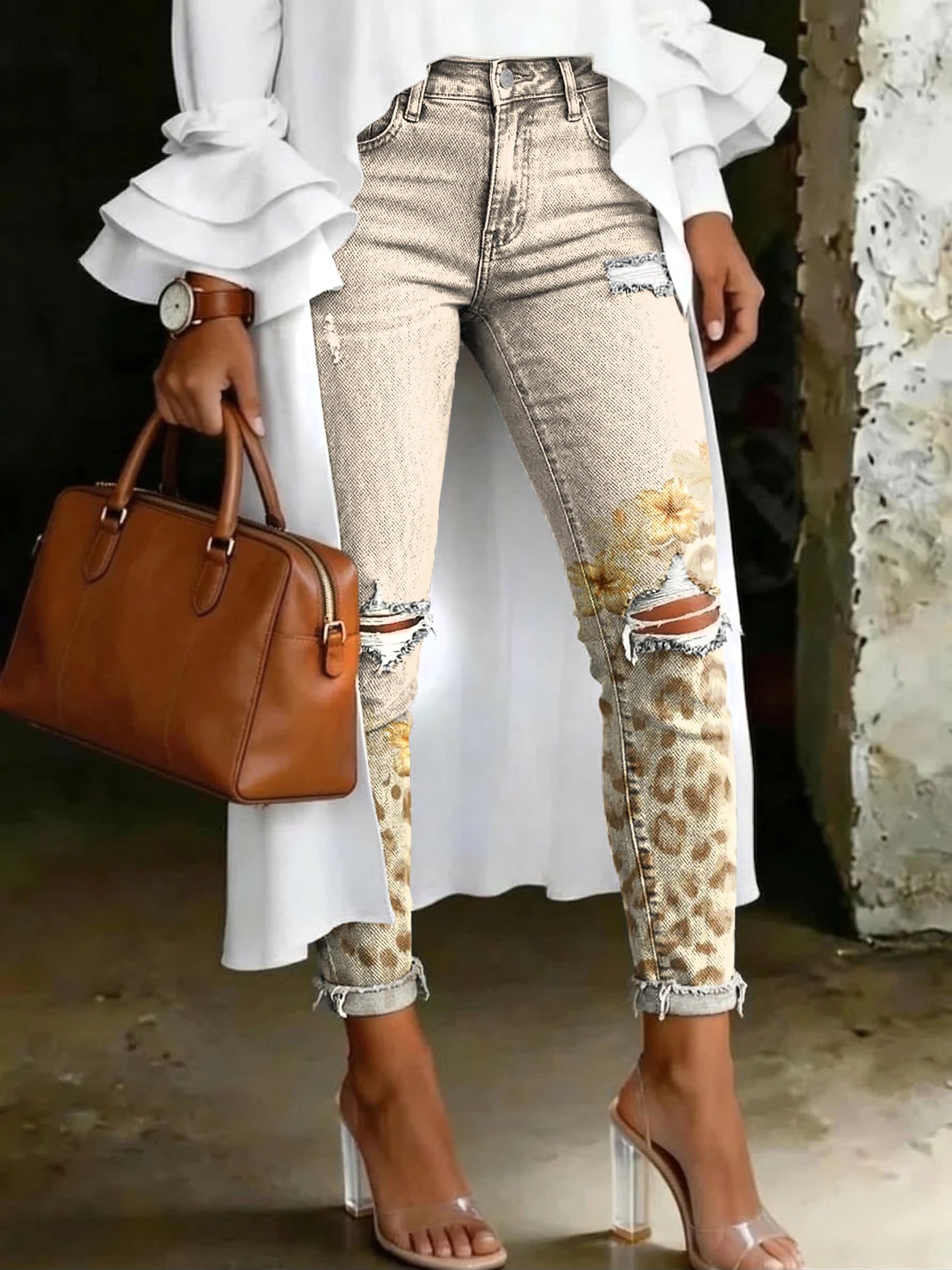 Women's Fashion Ombré Floral Leopard Print Artistic Print Casual Skinny Ripped Jeans