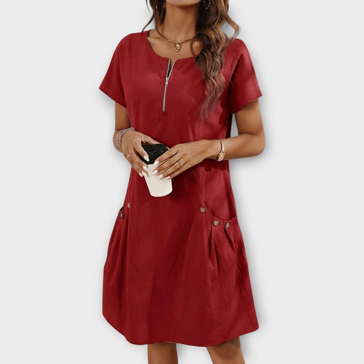 Mini Dress with Short Sleeves and Zip at the Neckline
