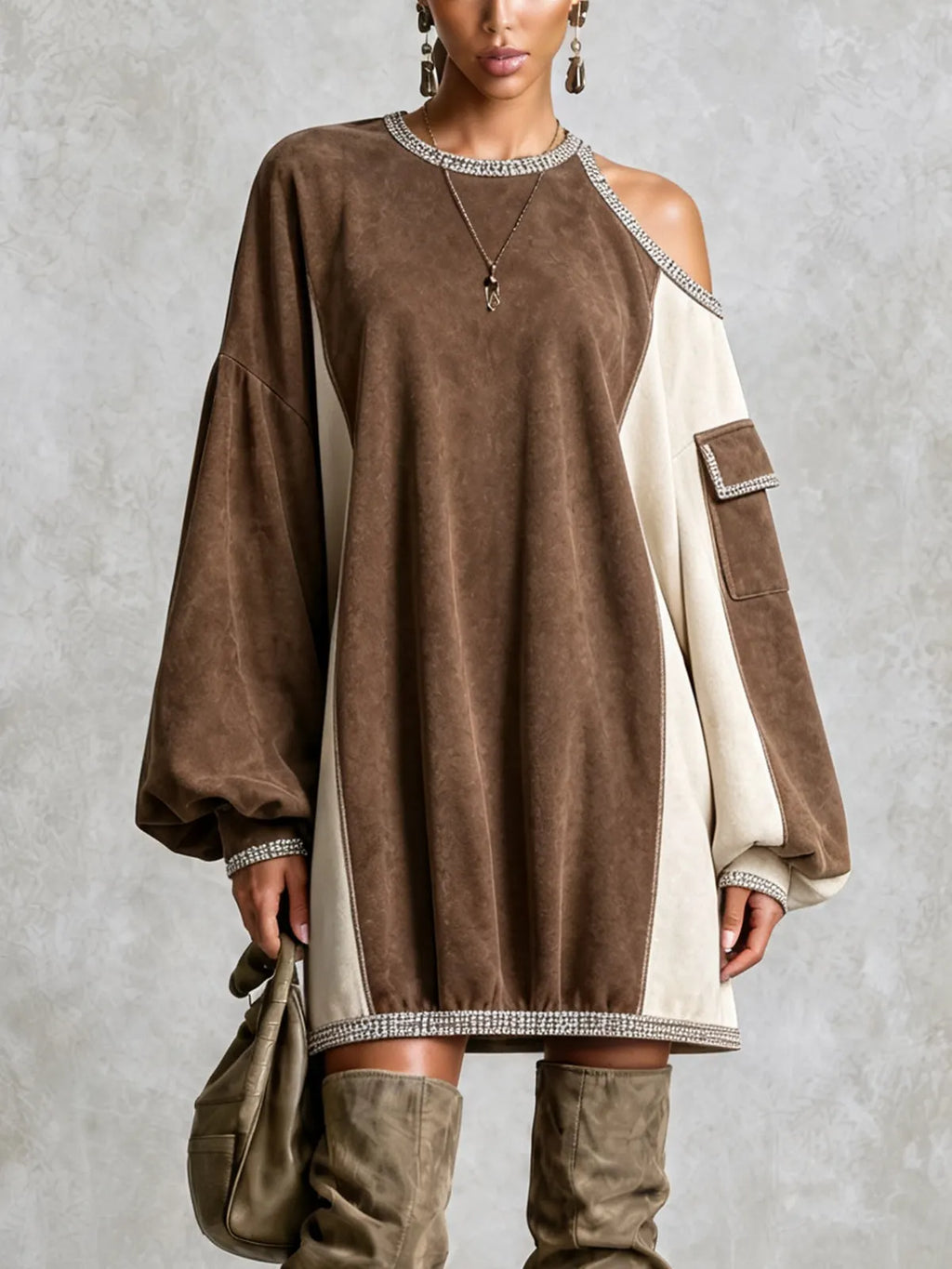 Brown Faux Suede One-Shoulder Trim Mini Dress