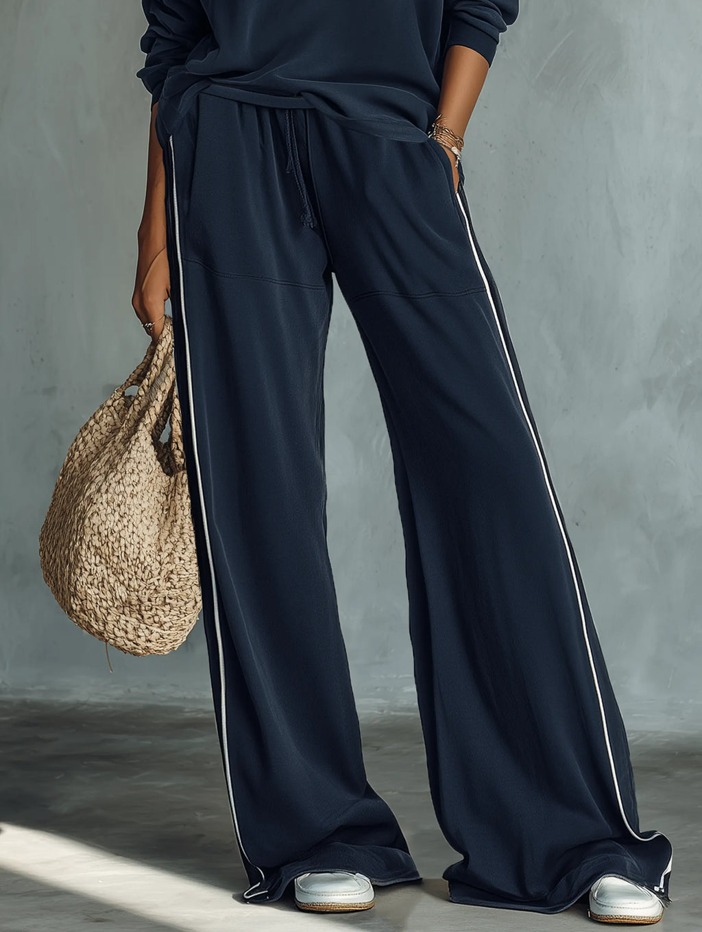 Women's Casual One-Shoulder Long-Sleeve Sweatshirt And Wide-Leg Pants Set MDZ3049F9WY