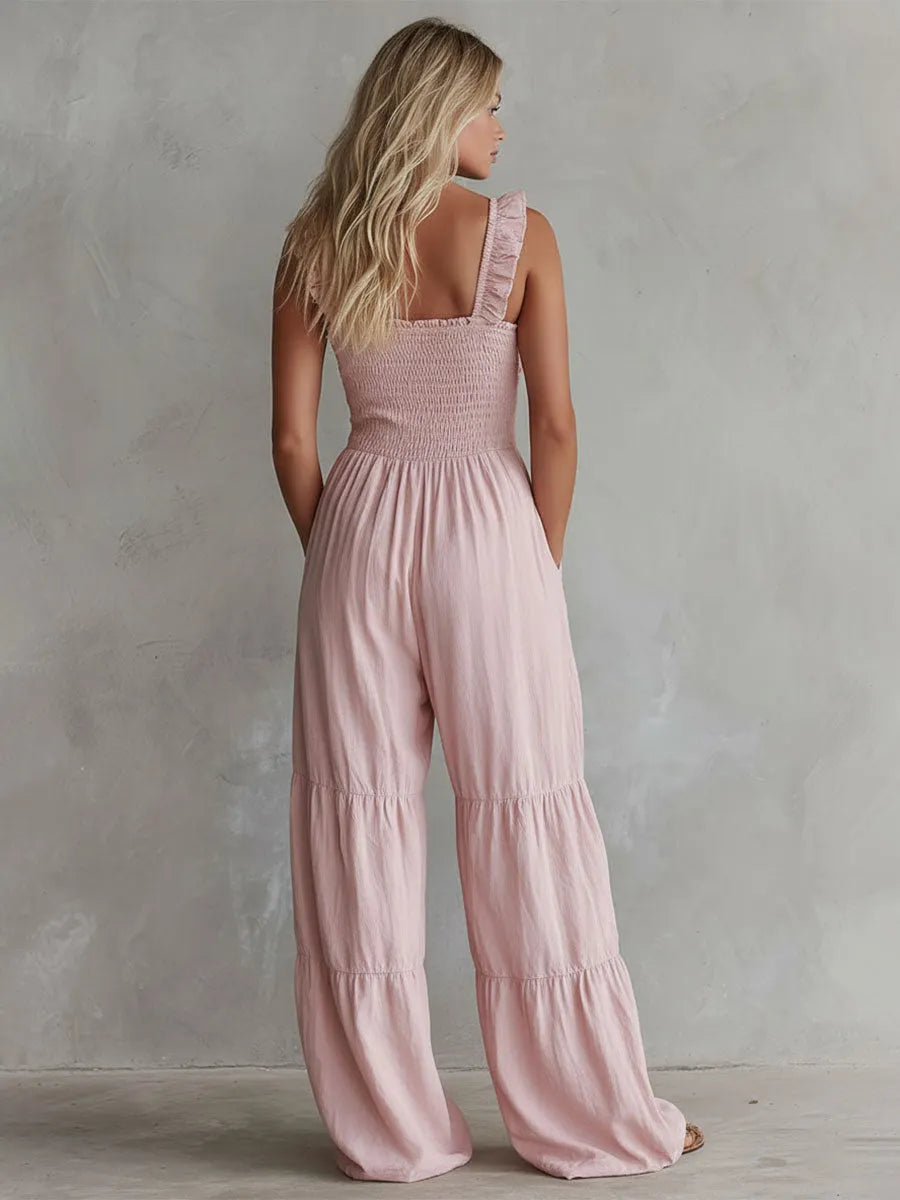 Casual Retro Ruffled Pink Sleeveless V-neck Button Cotton And Linen Jumpsuit