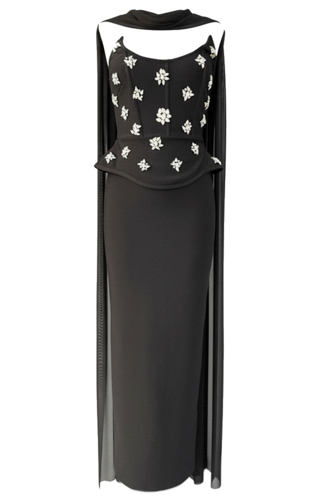 Strapless Crystal Peplum Maxi Dress Black