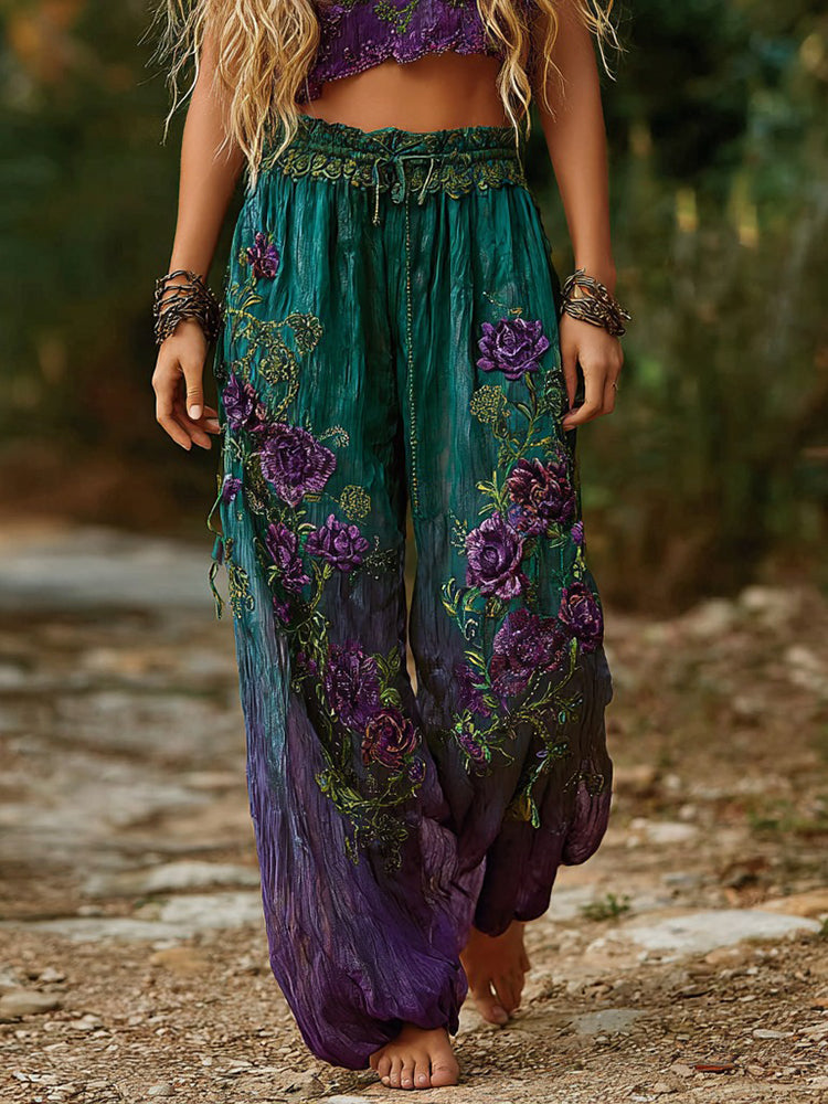 Women's Vintage Rose Floral Pattern Casual Wide Leg Pants