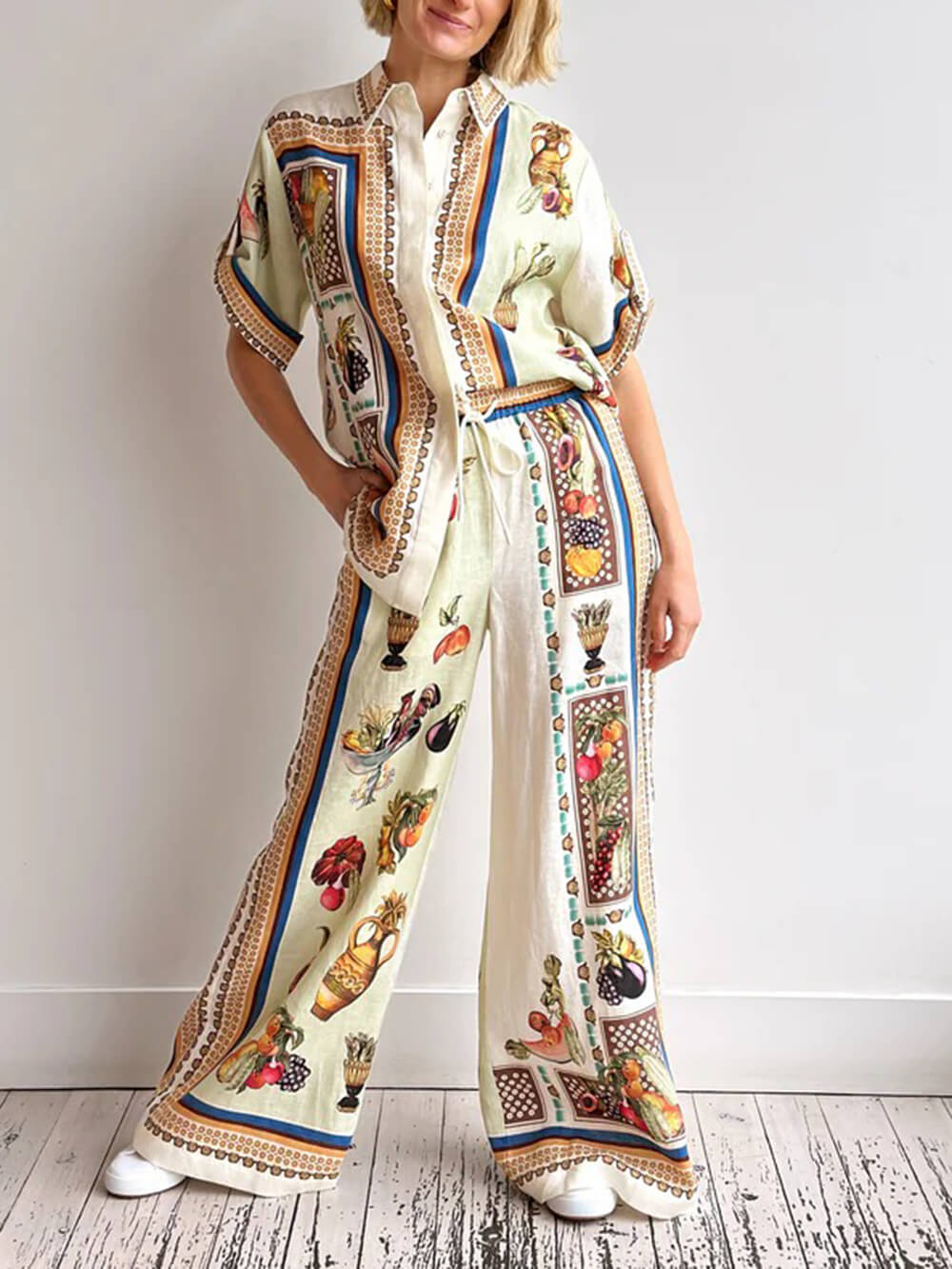 Unique Tropical Luxe Satin Fruit Print Loose Button-Up Shirt