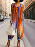 Women's Fashion Colorblock Geometric Art Print Casual Jumpsuit