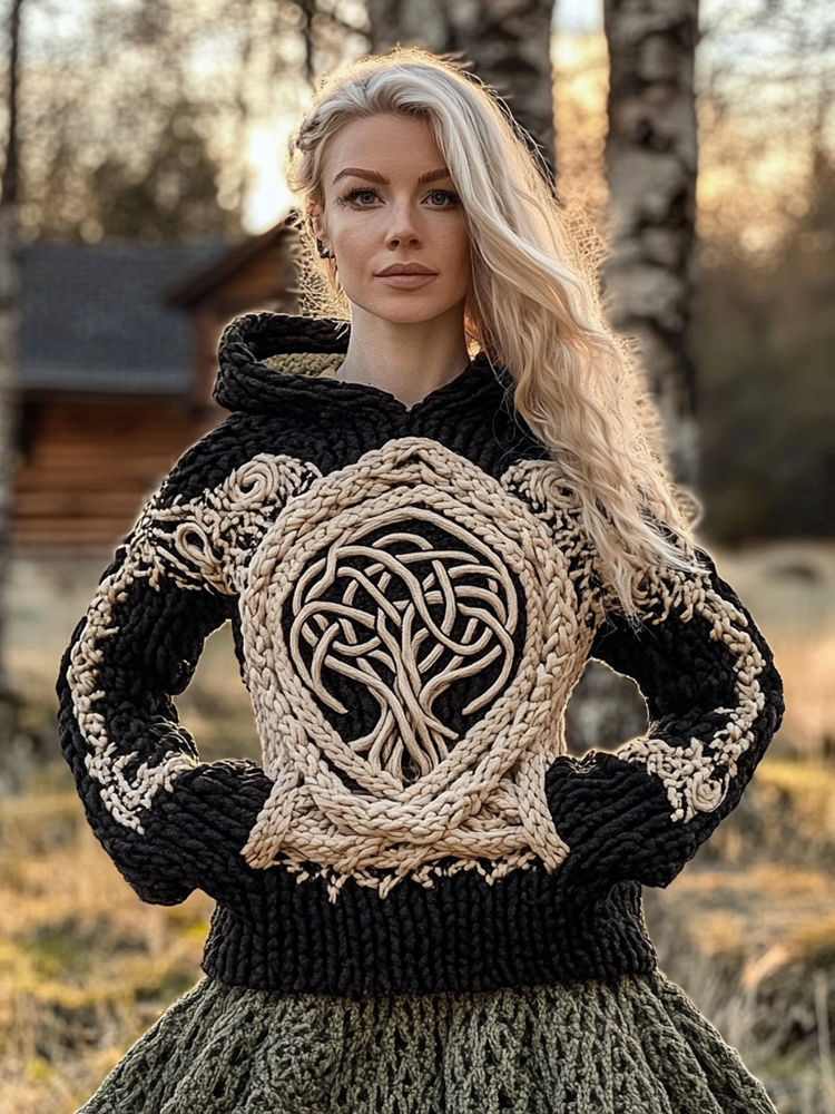 Women's Viking Tribal Tree Of Life Celtic Chunky Knit Hooded Sweater