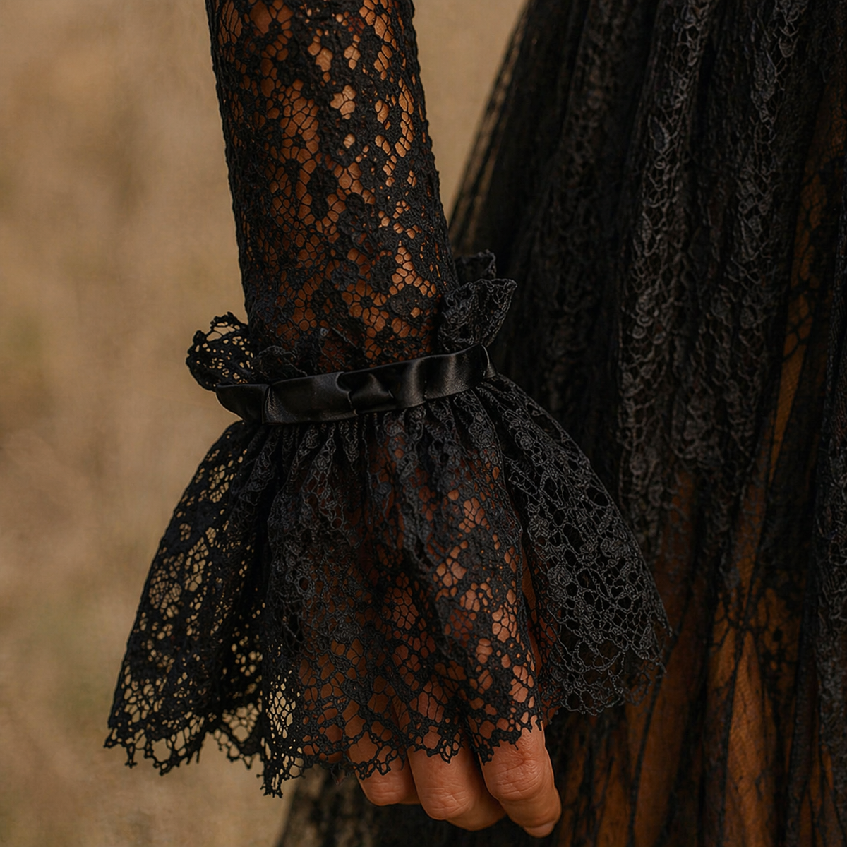 Black Floral Lace Maxi Dress with Ruffled Bell Sleeves