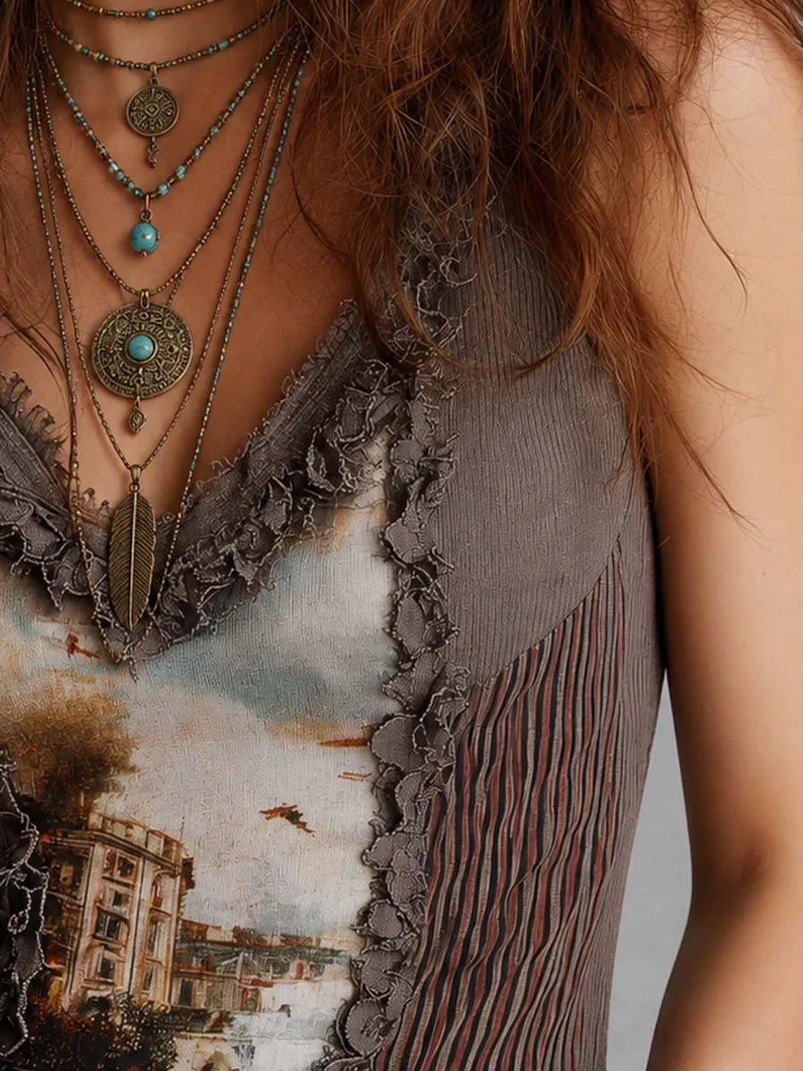 Vintage Oil Painting Print Knit Tank With Ruffled Lace Trim