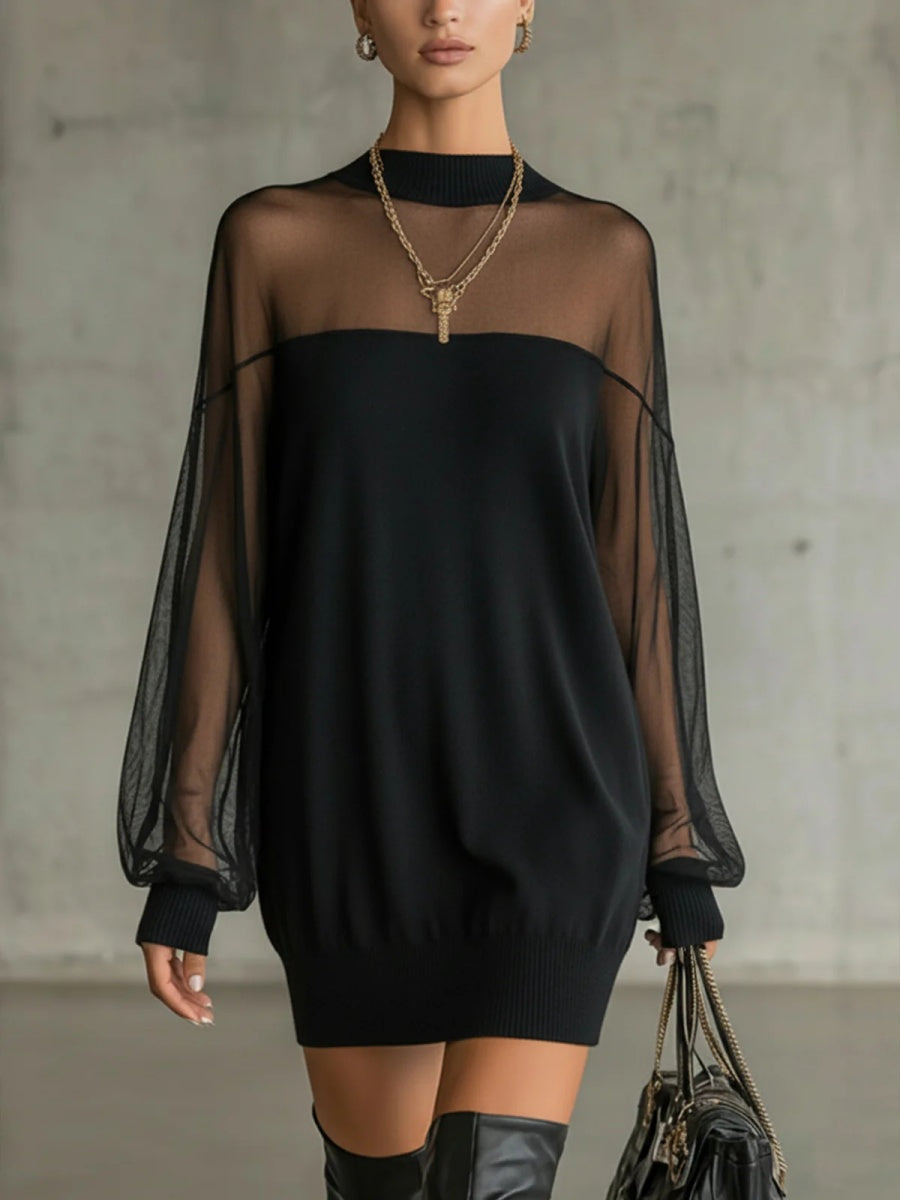 Party Black Round Neck Lantern Sleeve Long Sleeve See Through Elegant Tulle Mini Dresses