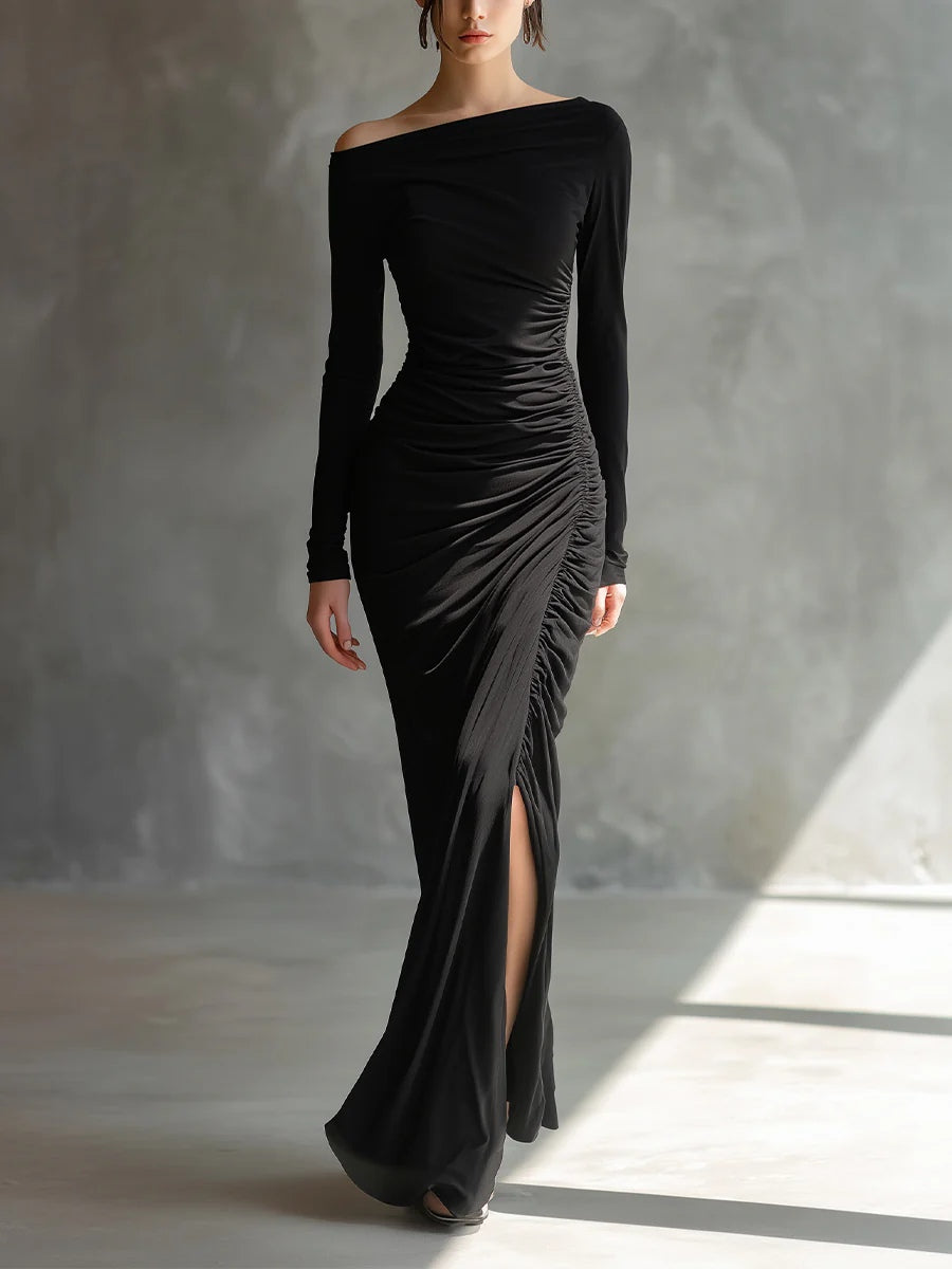 Black Elegant Off Shoulder Ruched Slit Maxi Dress