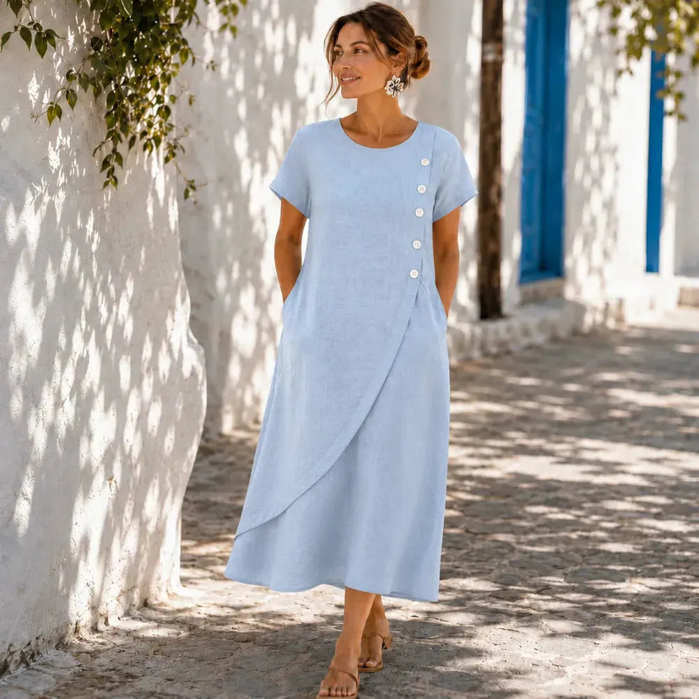 Sumlor – Asymmetric Button Midi Dress with Pockets for Summer