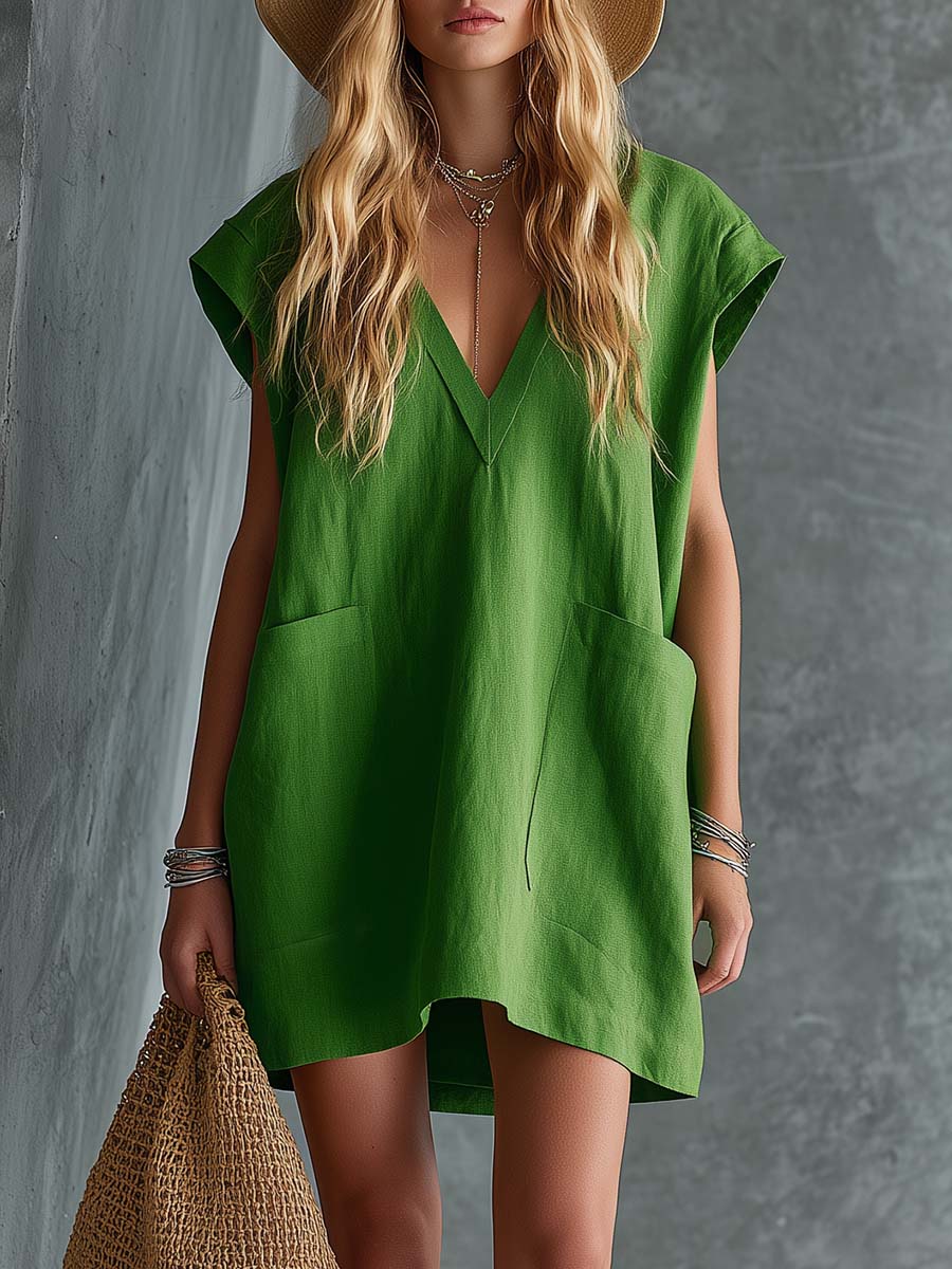 Vibrant Resort Bohemian Bright Green Cotton Linen V-Neck Patch Pocket Mini Dress