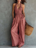 Retro Pleated Halter-Neck Cotton-Linen Jumpsuit
