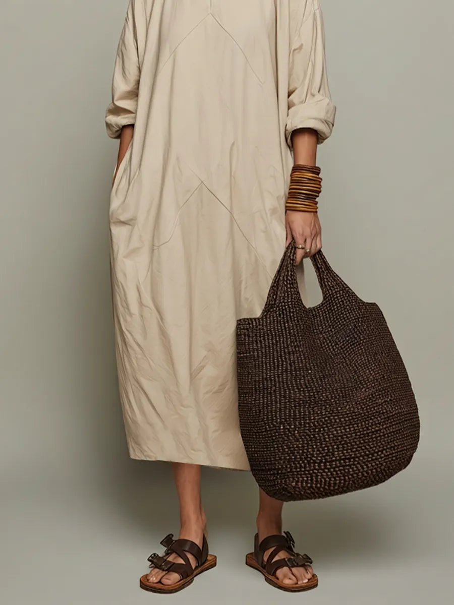 Women's Beige Cotton Midi Kaftan Dress With Split Crew Neck & Rolled Three Quarter Sleeves, Minimalist Lagenlook Loose Casual Midi Dress MDZ1431G2LYL