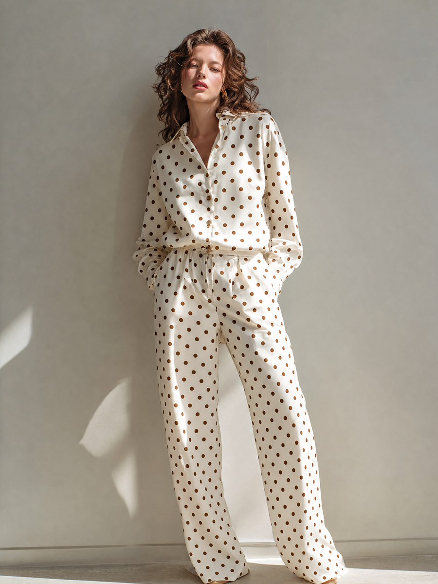 Women's Elegant Vintage off-white Brown Polka-Dot Collared Long-Sleeve Shirt & High-Waisted Wide-Leg Pants Satin Set MDZ1582G8CMX