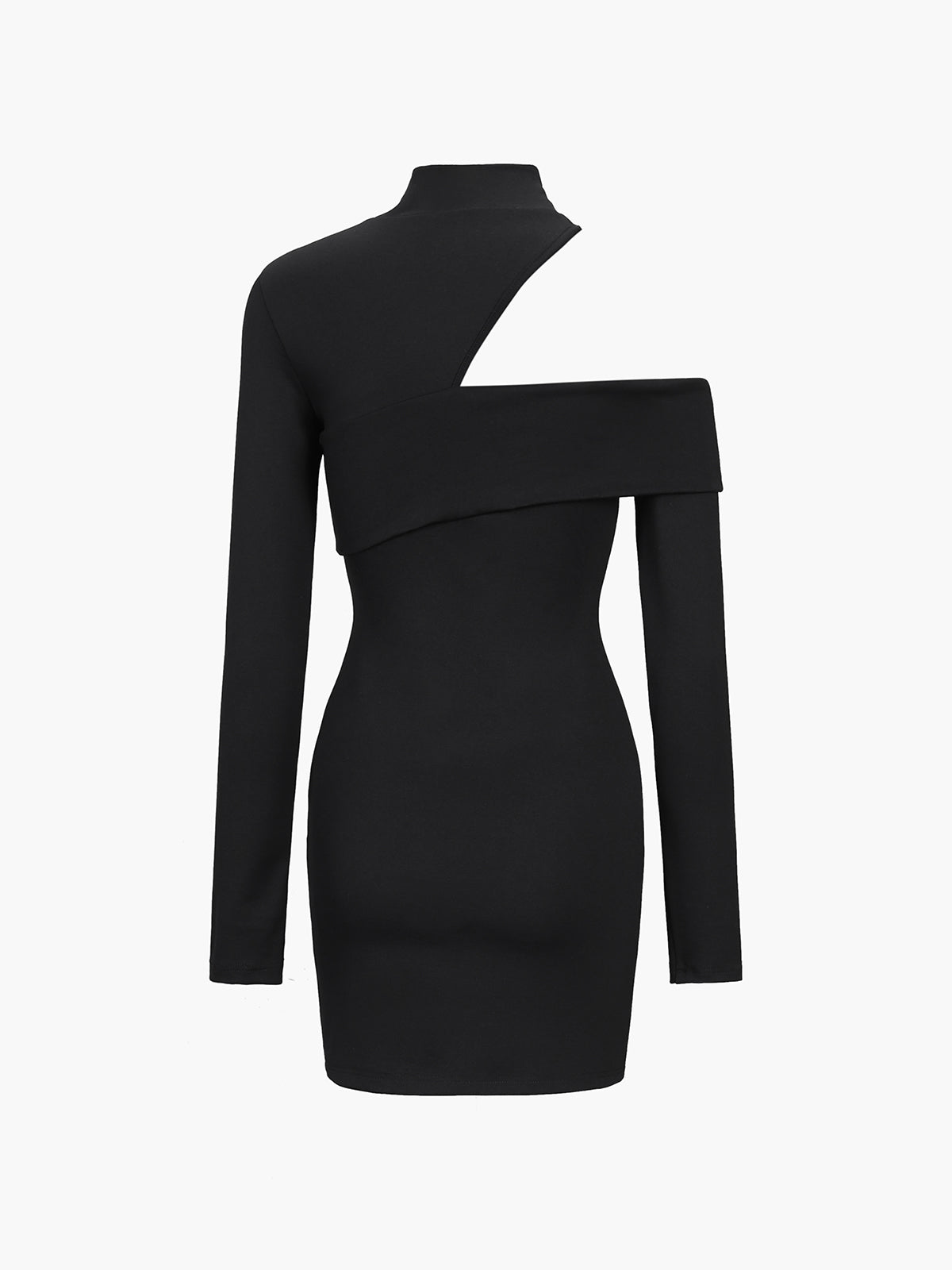 Mockneck Oblique Cutout Rib Long Sleeve Short Dress