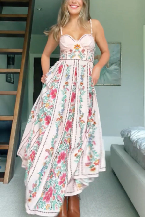 Delicate Forest Unique Print Sweetheart Neck Beaded Straps Maxi Dress