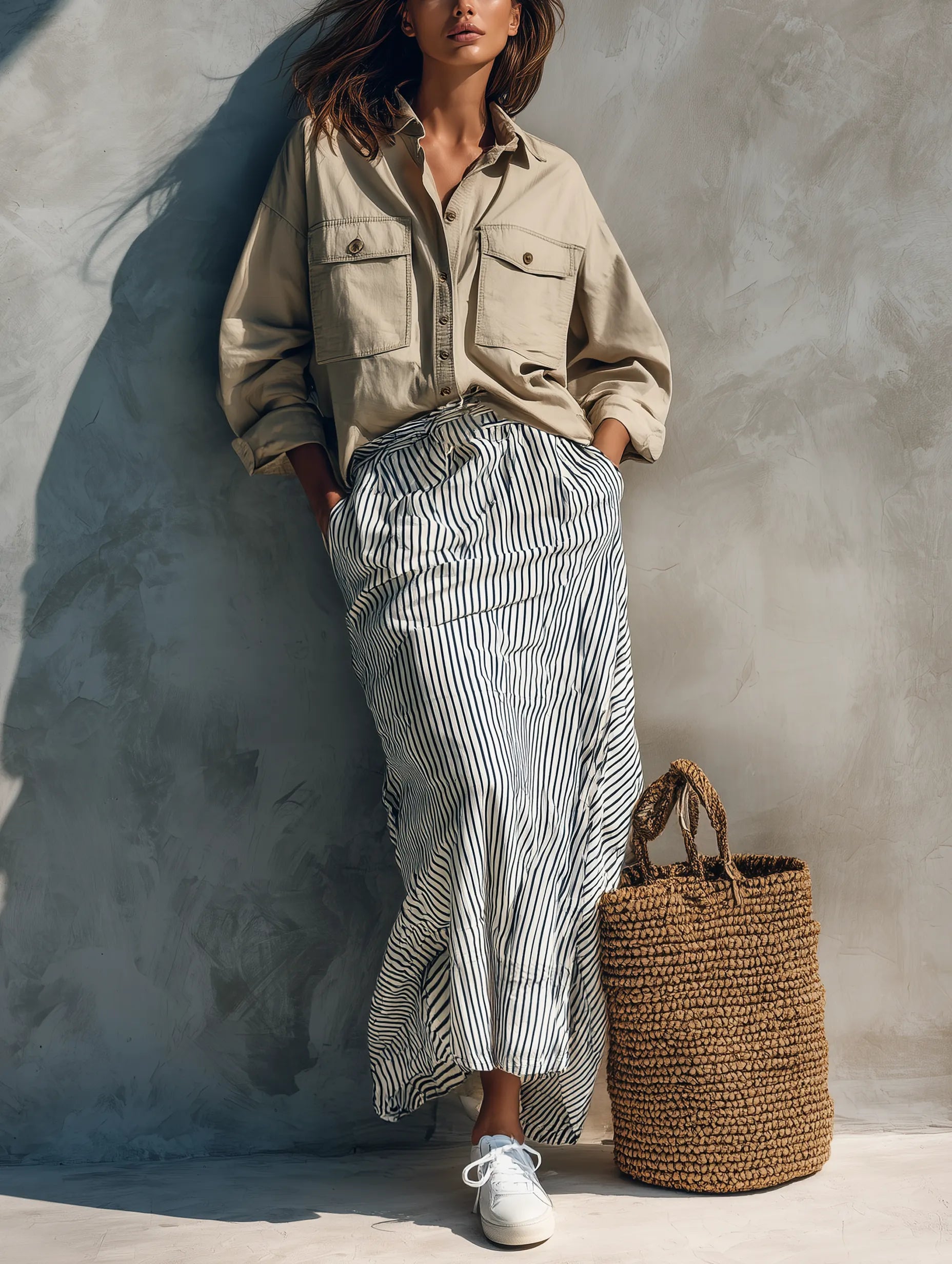 Women's Casual Khaki Long-sleeved Woven Shirt Paired With A Black-and-white Striped Woven Skirt MDZ2458G4LXY