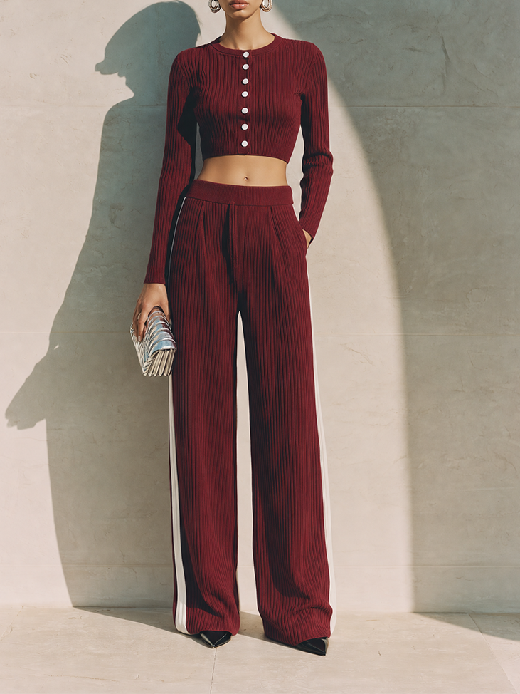 Women's Modern Burgundy Ribbed Knit Round Neck Button-Front Cropped Top And High-Waist Wide-Leg Pants Two-Piece Set MDZ1691G3ZSQ