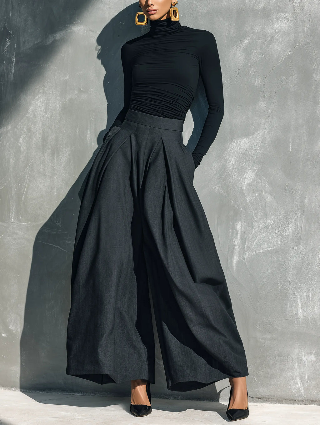 Women's Casual Black Stretch-knit Long-sleeve Top Paired With Dark Gray Woven Wide-leg Trousers MDZ2470G8LXY