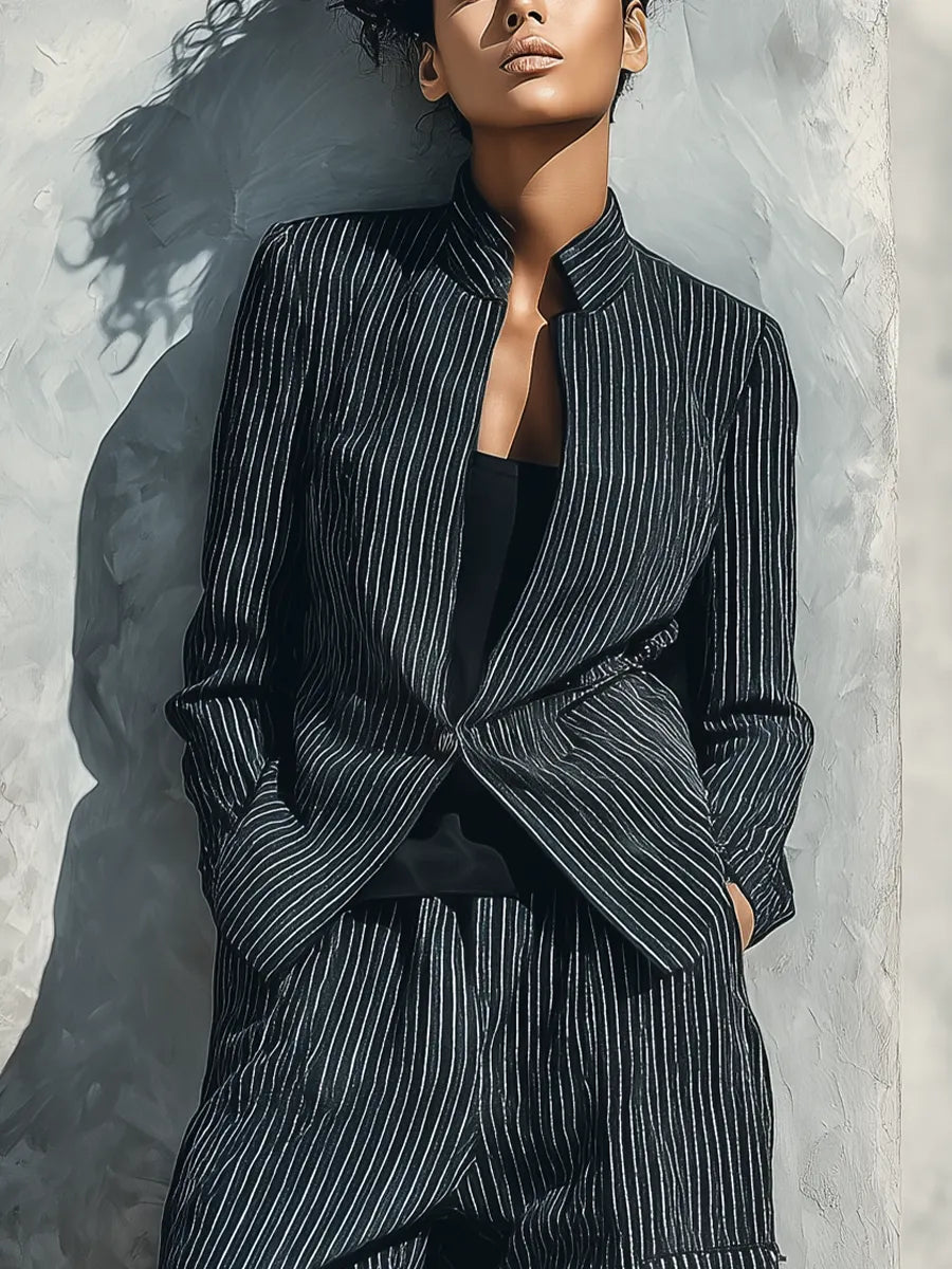 Women's Black White Vertical Stripe Mandarin Collar Single Button Blazer Wide Leg Cargo Pocket Pant Two Piece Suit Set MDZ1548G6YZJ