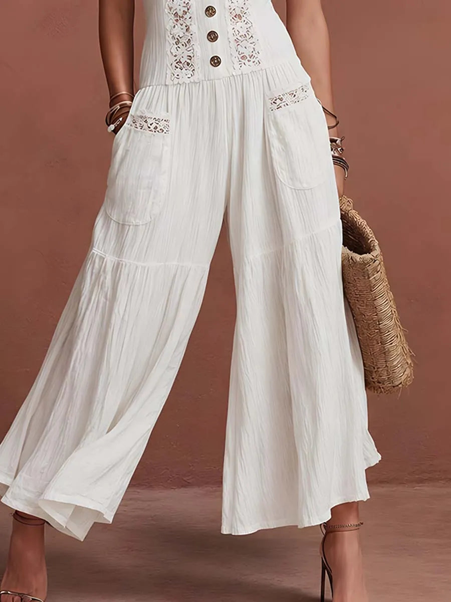 Retro Lace-Placket Crinkled Cotton-Linen Jumpsuit
