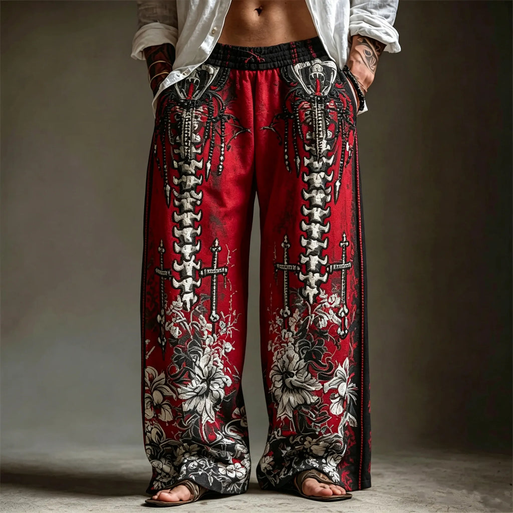 Halloween Bohemian Gothic Spine Skeleton Cross Floral Printed Wide Leg Linen Pants