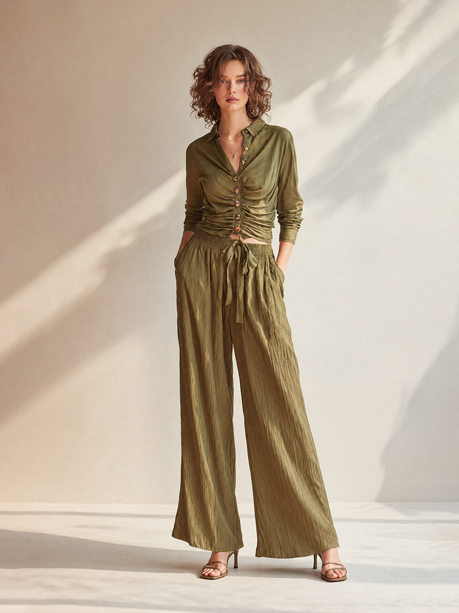 Women's Elegant Casual Green Crinkle-Texture Collared Long-Sleeve Ruched Jewel-Button Shirt & Drawstring Wide-Leg Trouser Set MDZ2301G8CMX