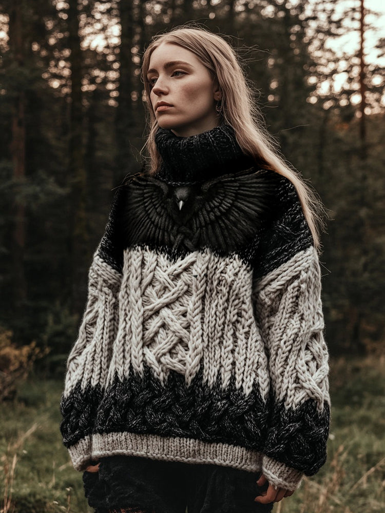 Women's Viking Rune Gradient Bird Graphics Celtic  Jacquard Turtleneck Sweater