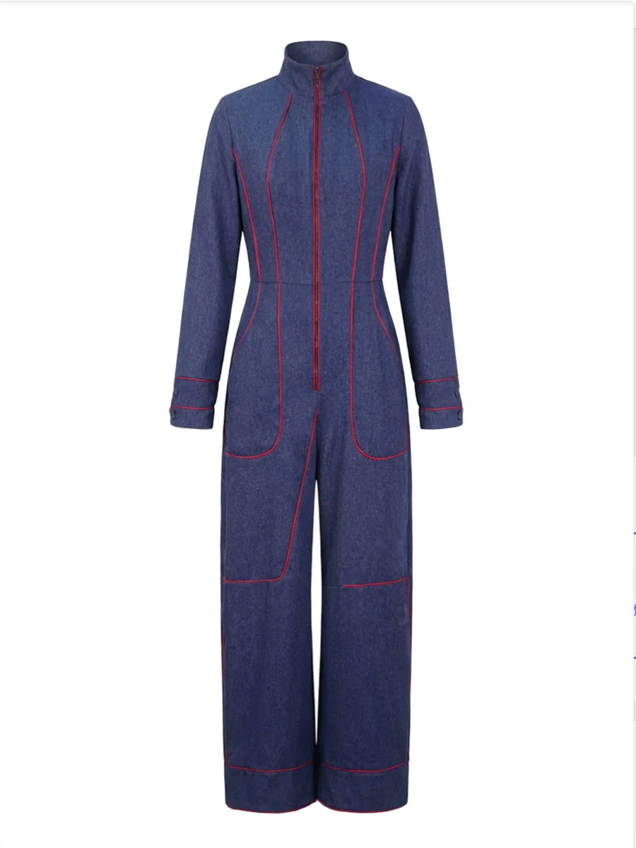Long Sleeves Wide Leg Zipper Stand Collar Jumpsuits
