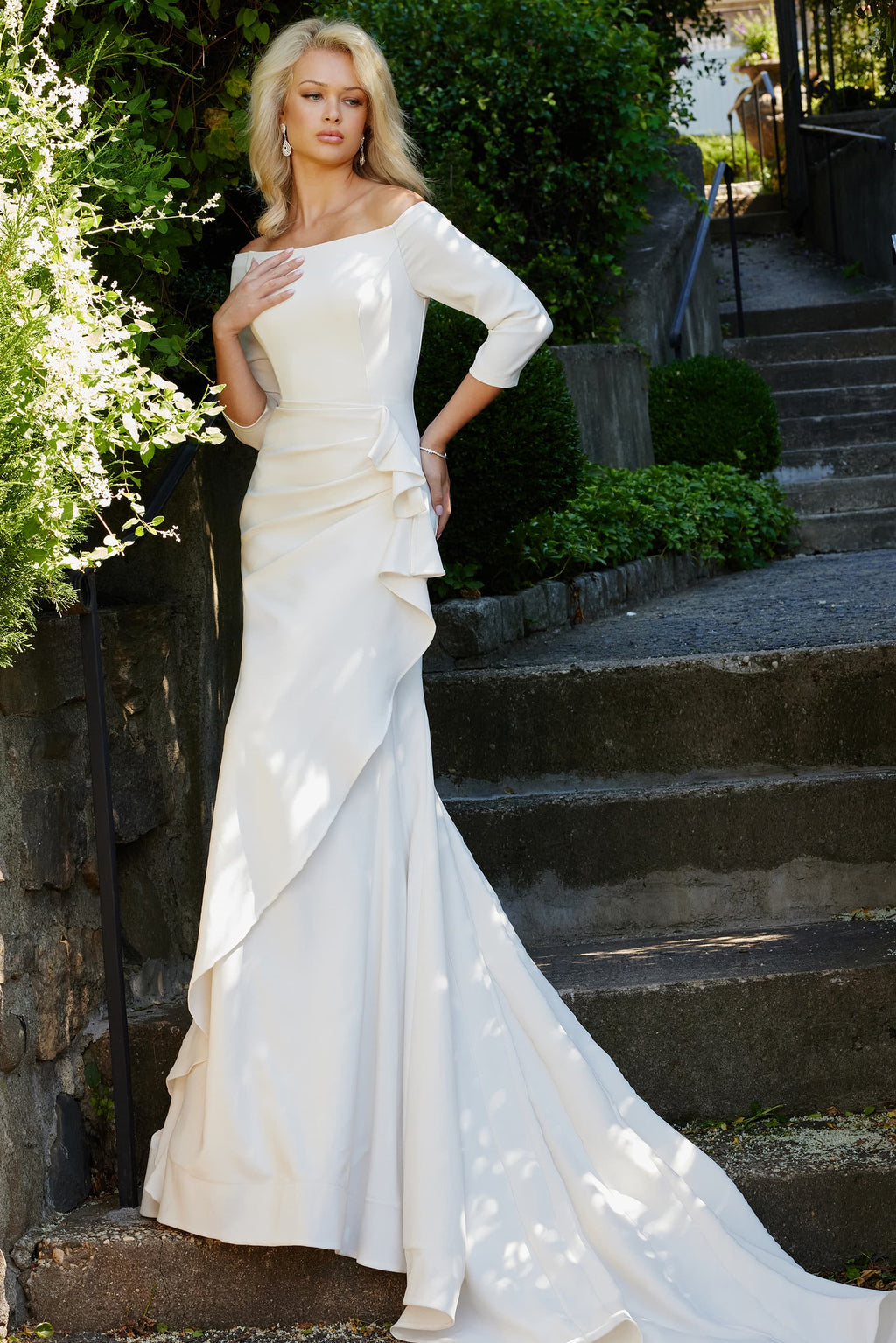 Jovani JB07456 Off white three quarter sleeve sheath wedding dress