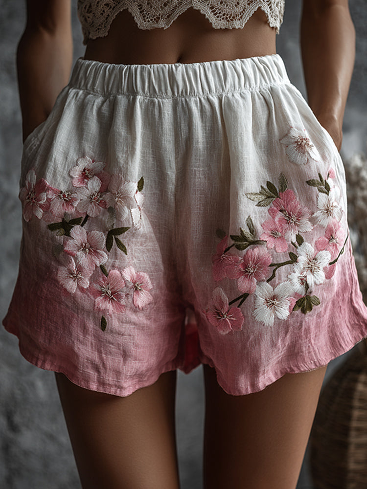 Women's Floral Pattern Gradient Linen Casual Shorts