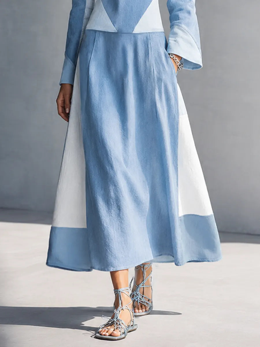 Women's Minimalist Style Light Blue Linen Cotton V Neck Flare Long Sleeve Geometric Color Block Midi Dress MDZ0147G5GMJ