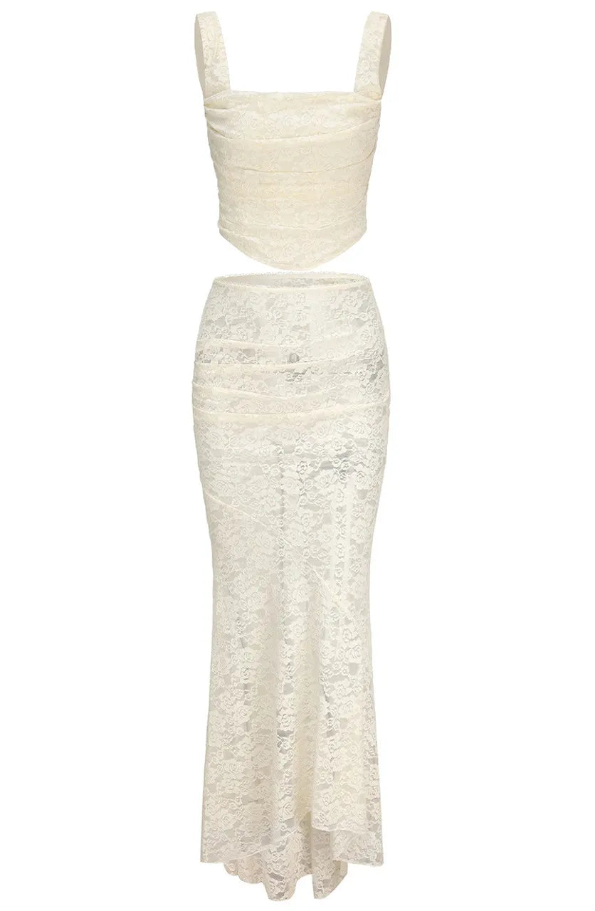 Ruched Lace Corset Two Piece Maxi Dress Ivory