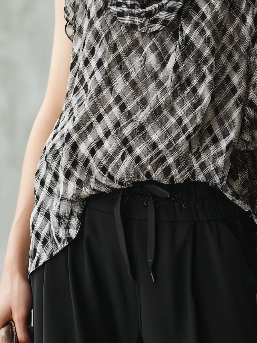 Elegant Black Plaid Ruffle Sleeveless Blouse