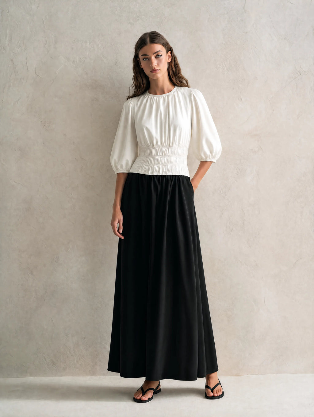 Women's Casual Black And White Woven Maxi Dress With A Round Neck And Mid-length Sleeves MDZ0231G6LXY