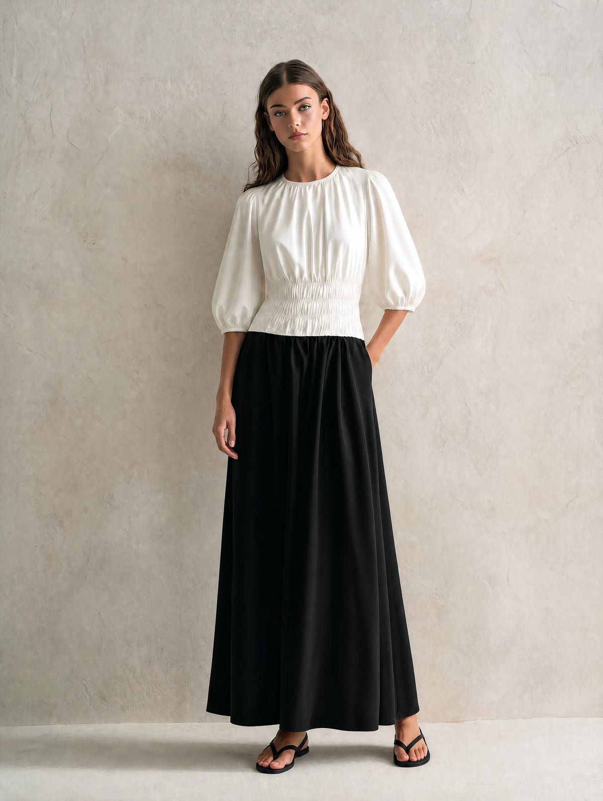 Women's Casual Black And White Woven Maxi Dress With A Round Neck And Mid-length Sleeves MDZ0231G6LXY