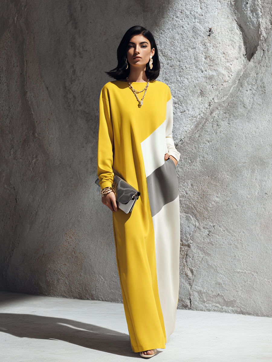 Women's Modern Elegant Yellow White Cotton Blend Color-Block Round Neck Long Maxi Dress MDZ2280G4GMJ