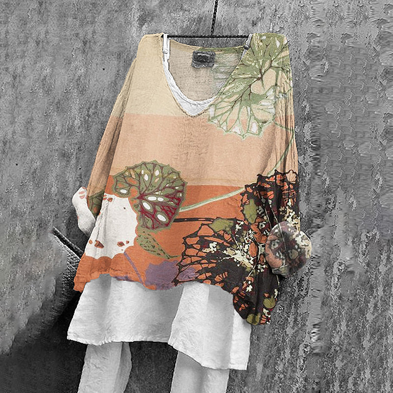 Women's Japanese Floral Print V-neck Loose T-shirt