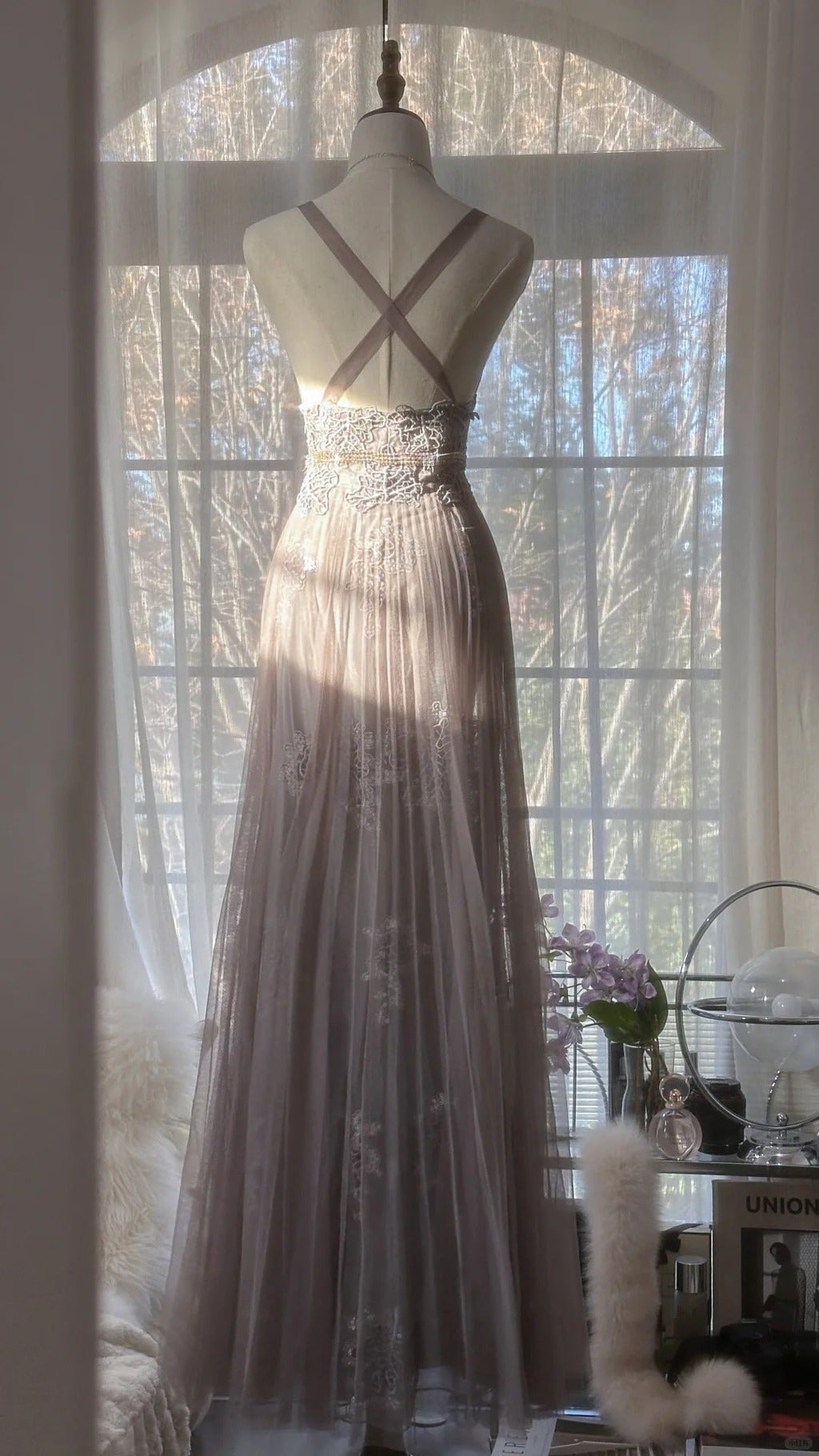 Gray Purple Romantic Fashion Elegant Exquisite Lace Floral Applique Long Tulle Fairy Ball Gown Evening Dress Birthday/Wedding Guest/Holiday Party Dress Prom Dress Valentine's Day Date Dress Bridesmaid Dress 4031